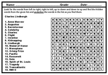 Preview of Charles Lindbergh Word Search Worksheet, US Aviation History Research Project