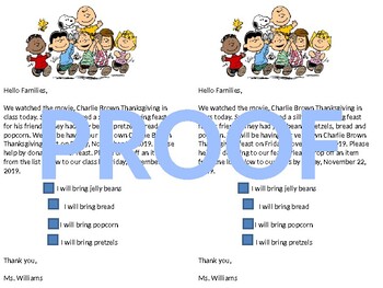 Preview of Charlie Brown Thanksgiving Feast Parent Letter Classroom