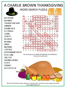 Charlie Brown Thanksgiving Word Search Worksheet Puzzle Holiday