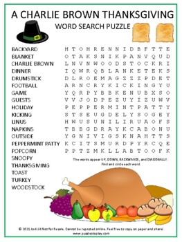 Preview of Charlie Brown Thanksgiving Word Search Worksheet Puzzle Holiday Activity Game