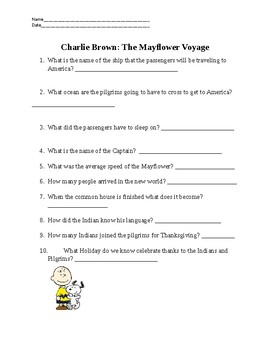 Preview of Charlie Brown The Mayflower Voyage Video Questions