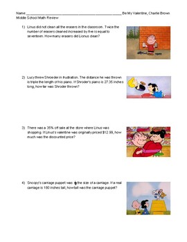Preview of Charlie Brown Valentine's Day Middle School Math Review