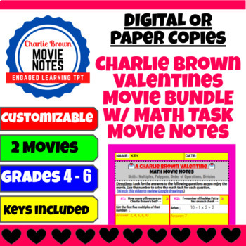 Preview of Charlie Brown Valentine's Math Movie Notes / Guide DIGITAL or PRINT VERSION
