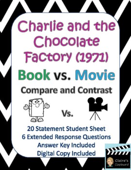 Preview of Charlie and The Chocolate Factory Book vs. Movie (1971) Compare and Contrast