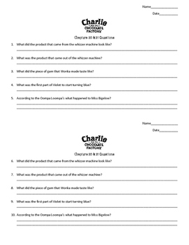 Charlie And The Chocolate Factory Chapter 20 21 Questions Tpt