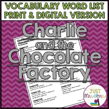 Preview of Charlie and the Chocolate Factory by Roald Dahl Vocabulary Word List