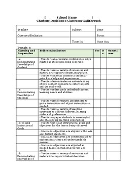 Preview of Charlotte Danielson's Classroom Observation/Self-Evaluation Walkthrough Template