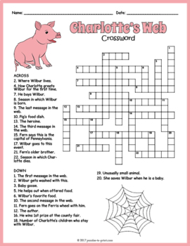 CHARLOTTE #39 S WEB Novel Study Crossword Puzzle Worksheet Activity TpT