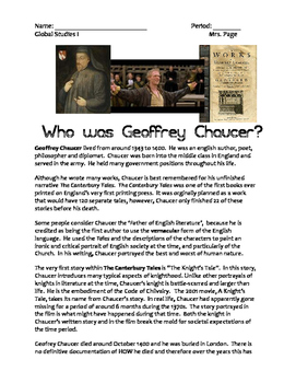 Preview of Chaucer "A Knight's Tale" Worksheet