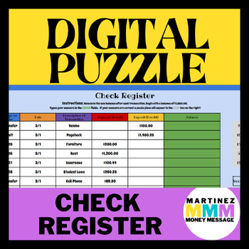 Preview of Check Register Digital Math Self Grading Puzzle Plus Printable