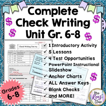 Preview of Check Writing Unit with Activities  Lessons and Tests (Grades 6-8)