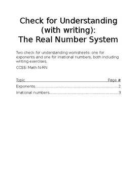 Preview of Check for Understanding - The Real Number System