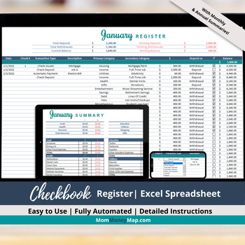 Preview of Checkbook Register Excel Spreadsheet with Monthly & Annual Summaries