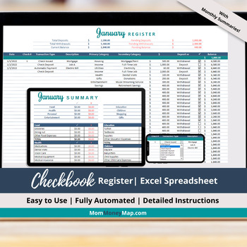 Preview of Checkbook Register Excel Spreadsheet with Monthly Summaries