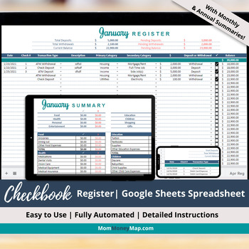 Preview of Checkbook Register Google Sheets Spreadsheet with Monthly & Annual Summaries