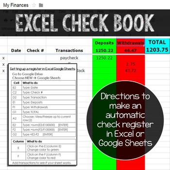 Preview of Checkbook Register in Excel or Google Sheets
