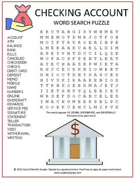 Preview of Checking Account Word Search Puzzle | Bank Vocabulary Activity Worksheet