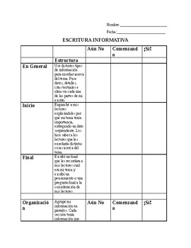 Preview of Checklist in Spanish for Informative Writing