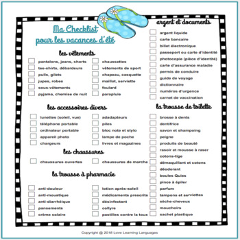 Preview of Checklist pour les vacances d'été - French summer vacation checklist