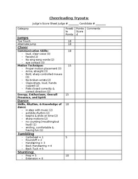 Preview of Cheer Tryout Judges Sheet