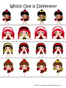 Preview of Cheerleaders themed Which One is Different preschool printable activity. Daycare