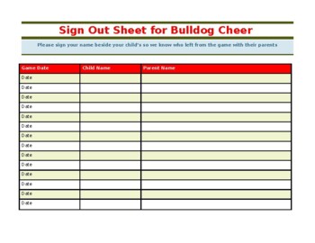 Preview of Cheerleading/Game Parent Sign Out Sheet