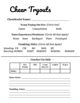 Preview of Cheerleading Tryouts Form