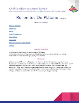 Preview of Chef Koochooloo 1st Grade Cook to Learn! Lesson Plan: Rellenitos De Platano