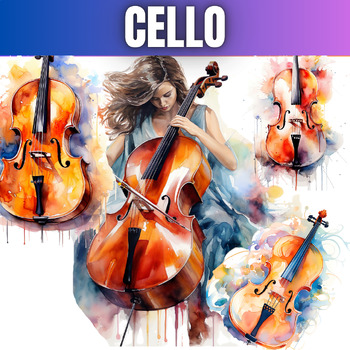 Preview of Cello Watercolor ClipArt - ClipArt - Commercial use - Instruments ClipArt