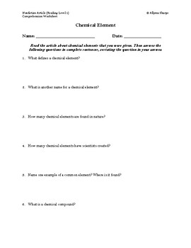 Preview of Chemical Element Article (Reading Level 1) Comprehension Worksheet