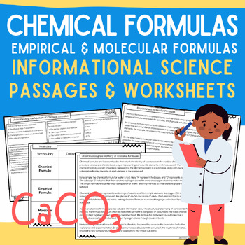 Preview of Chemical Formulas:  Empirical & Molecular Formulas Passages, Worksheets, Vocab