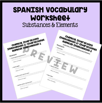 Preview of Chemical Interactions Unit Vocabulary Worksheets in SPANISH