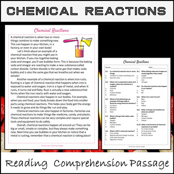 Preview of Chemical Reactions Reading Comprehension Passage and Questions - Printable PDF