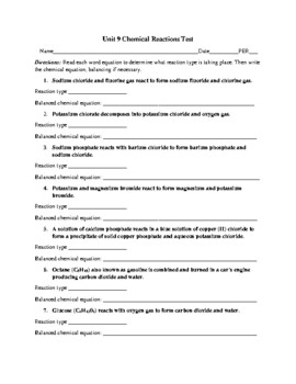 Preview of Chemical Reactions Test