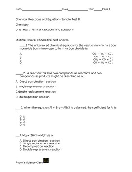 Preview of Chemical Reactions and Equation Test B