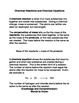 Preview of Chemical Reactions and Equations Common Core Reading and Writing Activity