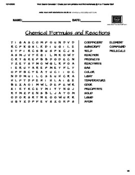 Preview of Chemical Reactions and Formulas Wordsearch