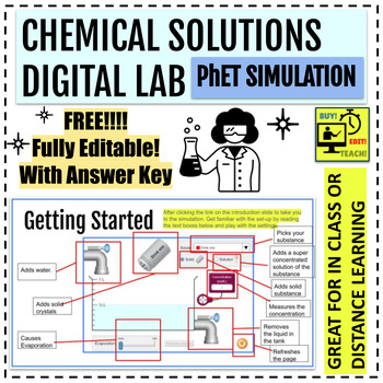 Preview of Chemical Solutions Digital Lab- PhET simulation (Fully Editable/Answers)
