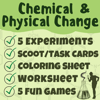 Preview of Chemical and Physical Change Task Cards/Scoot, Worksheets, Games & 5 Experiments