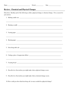 Chemical and Physical Changes Review Worksheet by jjms | TpT