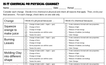 Chemical and Physical Changes Worksheet by Carey Munoz | TpT