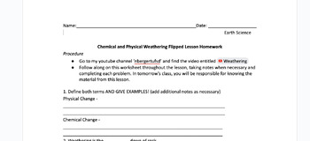 Preview of Chemical and Physical Weathering Flipped Lesson Video and Companion Worksheet