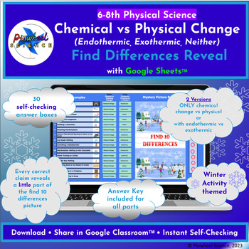 Preview of Chemical vs Physical Change (Endothermic vs Exothermic) Find Difference Reveal