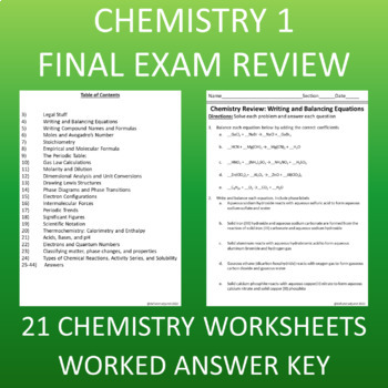 Preview of Chemistry 1 Final Exam Review: 21 Single Page Worksheets on Chemistry Topics