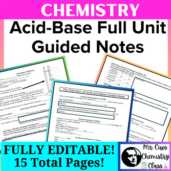 Preview of Chemistry Acids and Bases Full Unit Guided Notes, Examples, Practice [15 pages!]