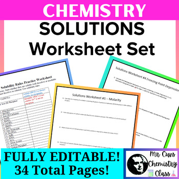 Preview of Chemistry Aqueous Solutions Unit Worksheet Set of 9! (DETAILED ANSWER KEYS)