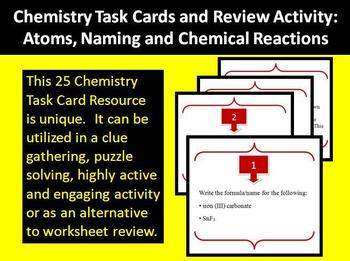 Preview of Chemistry - Atoms, Compound Naming and Chemical Reactions Task Cards Activity