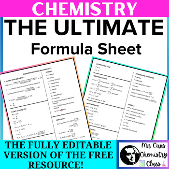 Preview of Chemistry Equations Constants (Formula - Reference - Cheat) Sheet Fully Editable