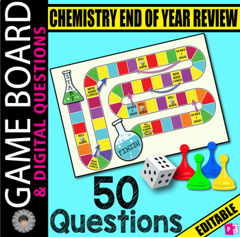Preview of Chemistry Final Exam REVIEW ~ 50 Digital Questions & GAME BOARD~ EDITABLE