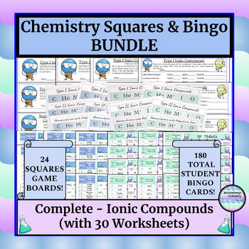 Preview of Chemistry Game (Squares & Bingo) - Complete Ionic - Names & Formulas - Worksheet
